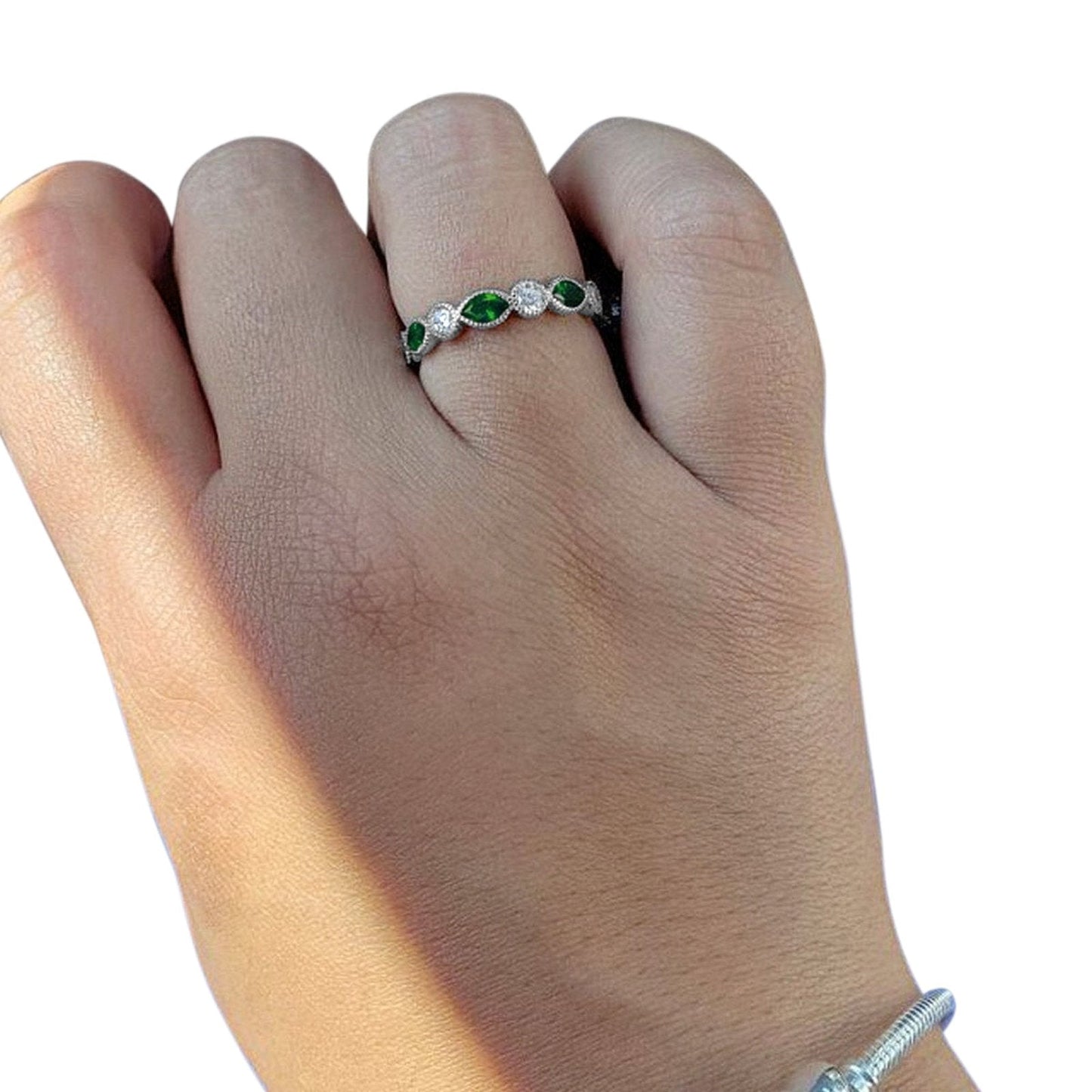 Eternity Style Ring Marquise Round Simulated Green Emerald CZ