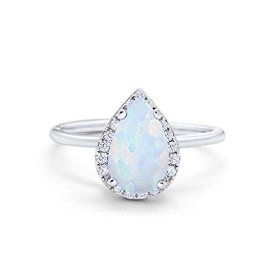 Halo Teardrop Wedding Ring Round Lab Created White Opal