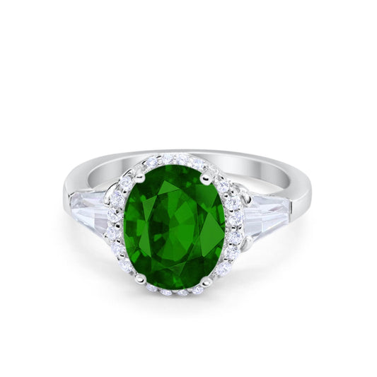 Oval Baguette Round Simulated Green Emerald CZ Wedding Engagement Ring
