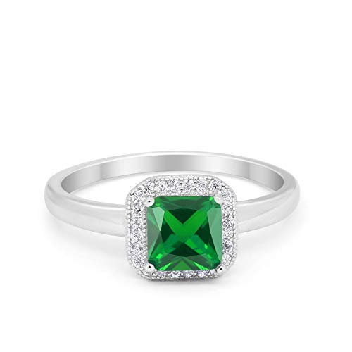 Halo Elegant Princess Cut Simulated Green Emerald CZ Ring