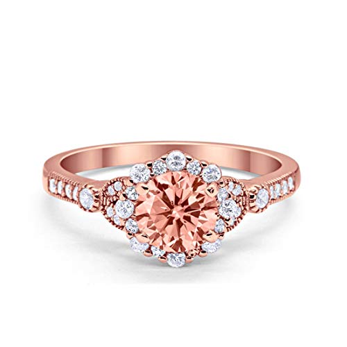 Floral Art Deco Engagement Ring Rose Tone, Simulated Morganite CZ=