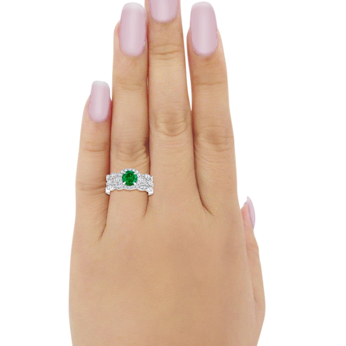 Halo Three Piece Wedding Bridal Set Simulated Green Emerald CZ Ring
