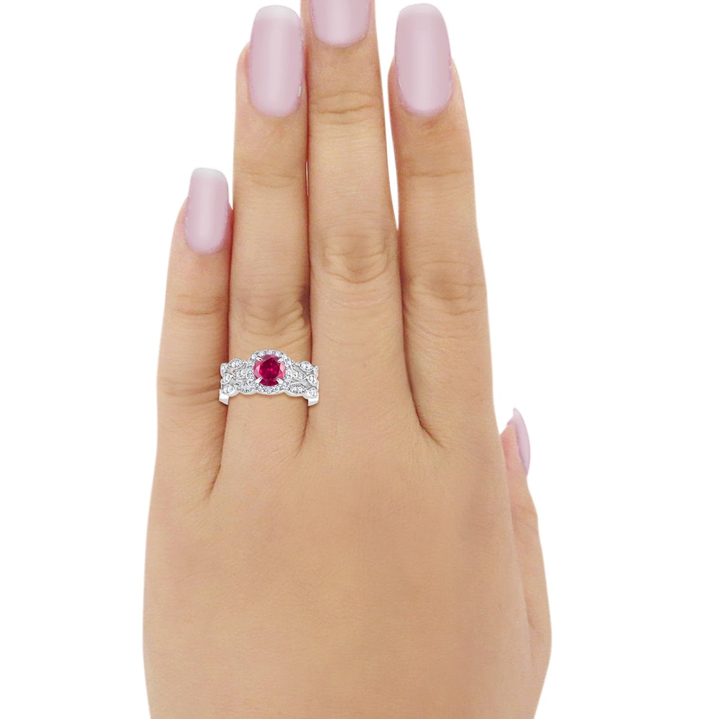 Halo Three Piece Wedding Simulated Ruby CZ Ring