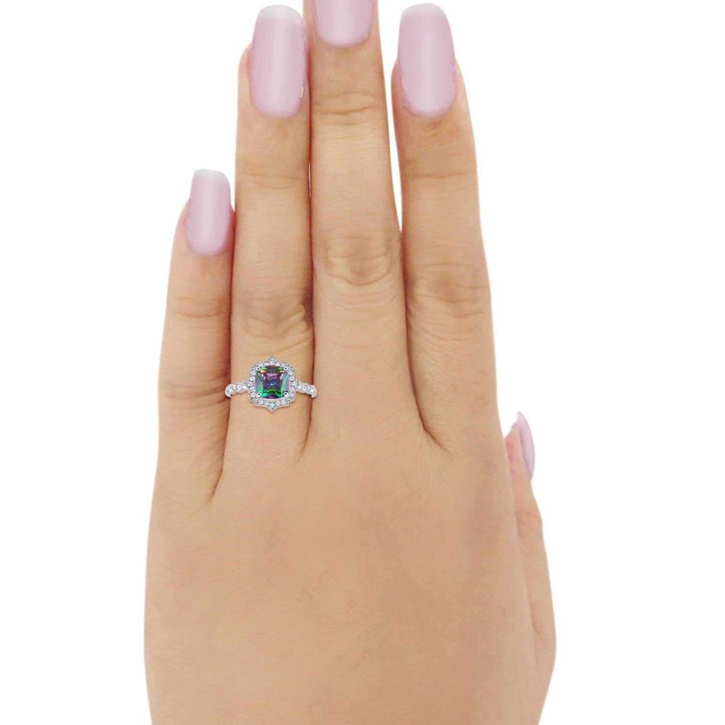 Halo Engagement Ring Cushion Simulated Rainbow CZ