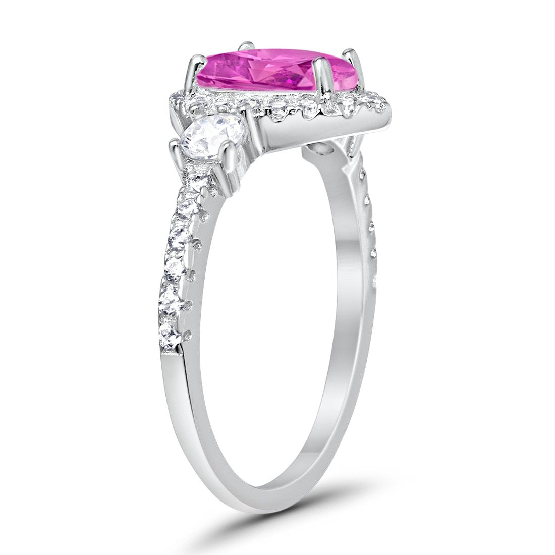 3-Stone Halo Teardrop Simulated Pink CZ Fashion Ring