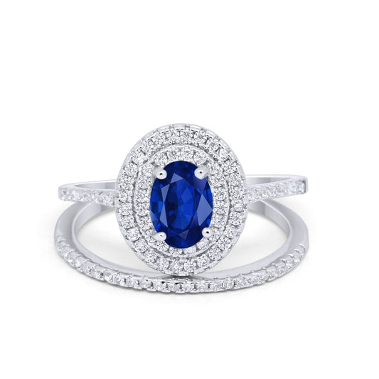 Halo Piece Oval Simulated Blue Sapphire CZ Wedding Bridal Rings