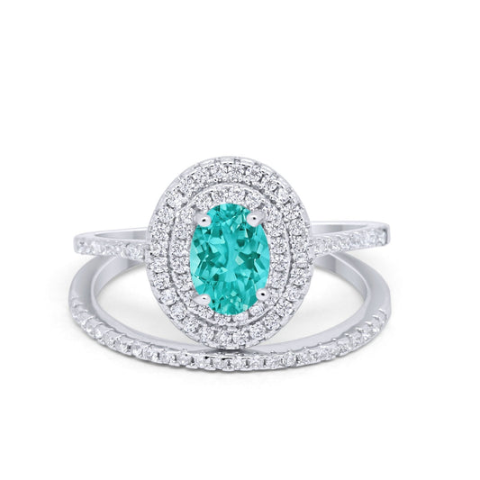 Halo Piece Oval Simulated Paraiba Tourmaline CZ Wedding Bridal Rings
