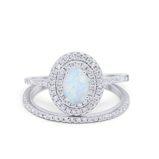 Halo Piece Oval Lab Created White Opal Wedding Bridal Rings