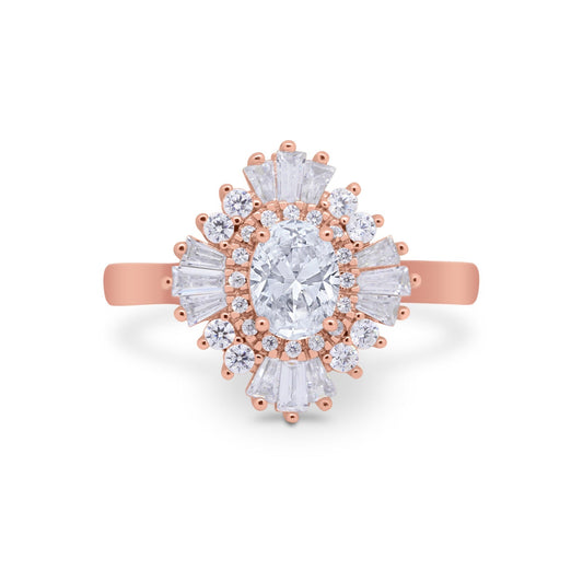 Art Deco Vintage Oval Halo Wedding Ring Rose Tone, Simulated Cubic Zirconia