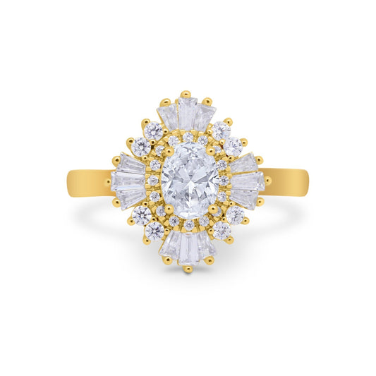 Art Deco Vintage Oval Halo Wedding Ring Yellow Tone, Simulated Cubic Zirconia