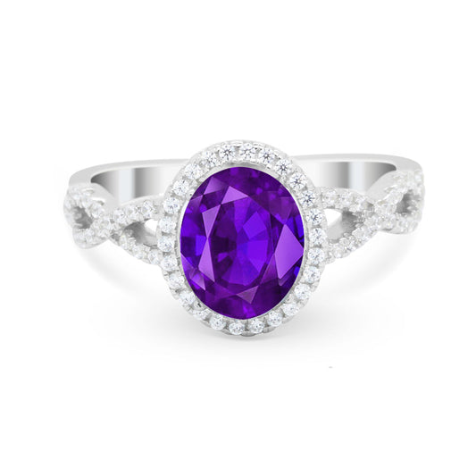 Oval Amethyst CZ Halo Twisted Ring