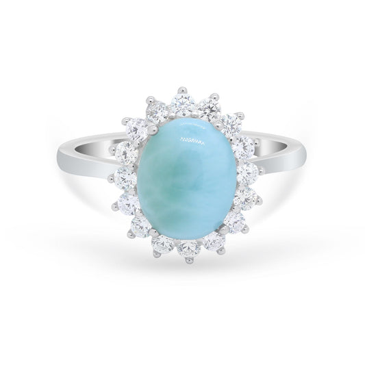 Floral Halo Oval Wedding Engagement Simulated Larimar CZ Ring
