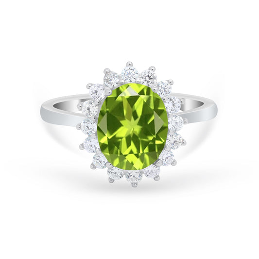 Floral Halo Oval Simulated Peridot CZ Wedding Engagement Ring