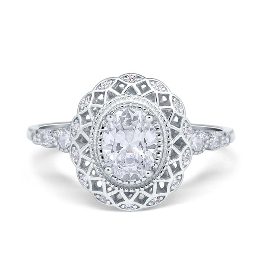 Oval Vintage Art Deco Halo Round Simulated Cubic Zirconia Wedding Bridal Ring
