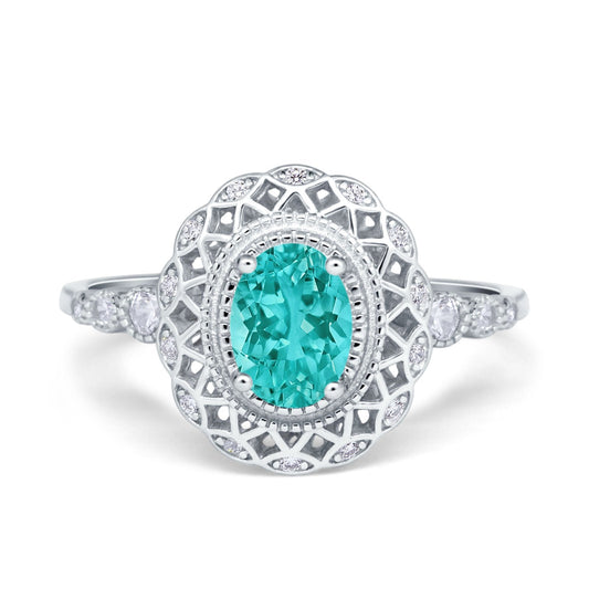 Oval Vintage Art Deco Halo Round Simulated Paraiba Tourmaline CZ Wedding Bridal Ring