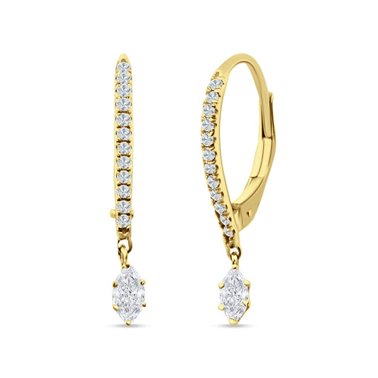 Dangle Hoop Leverback Earrings Round & Marquise CZ Yellow Tone