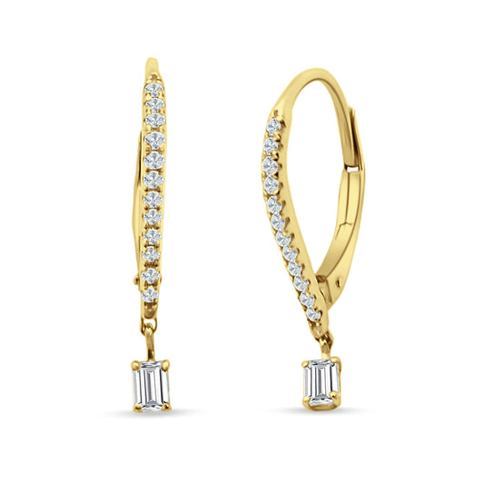 Dangle Hoop Leverback Earrings Round & Baguette CZ Yellow Tone