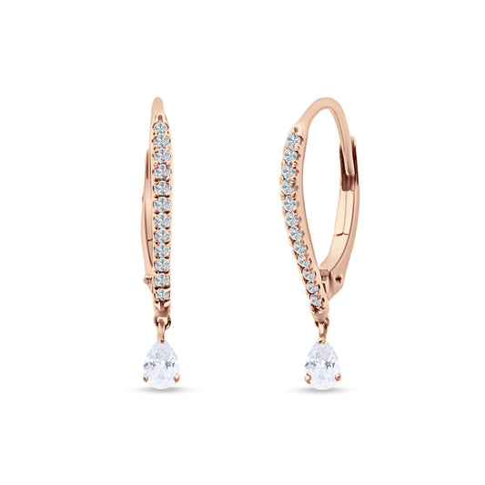Round & Pear CZ Dangle Hoop Leverback Earrings Rose Tone