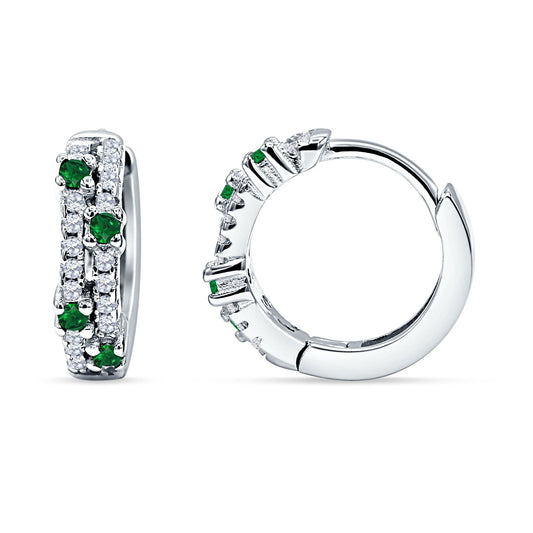 Round CZ & Green Emerald CZ Huggie Hoop Earrings