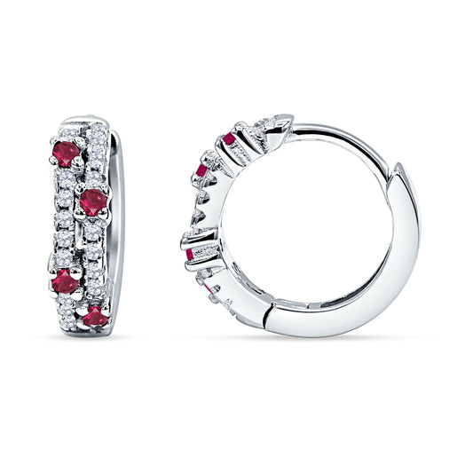 Round CZ & Ruby CZ Huggie Hoop Earrings