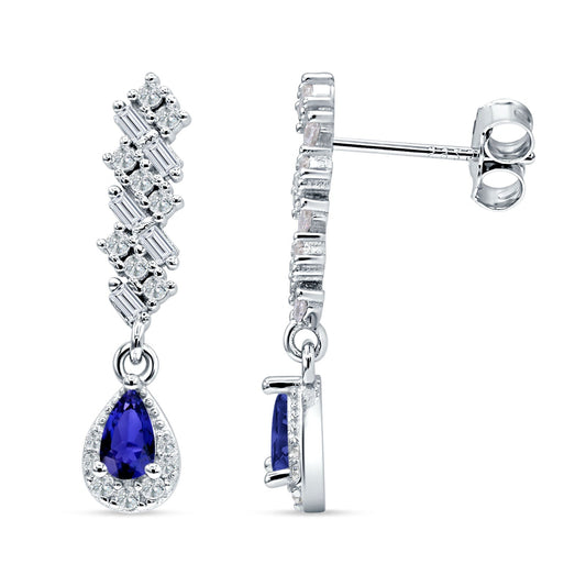 Dangle Pear Stud Earrings Blue Sapphire CZ