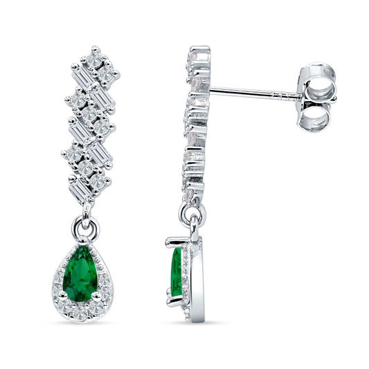Dangle Pear Stud Earrings Green Emerald CZ