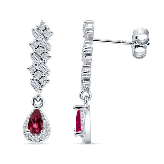 Dangle Pear Stud Earrings Ruby CZ