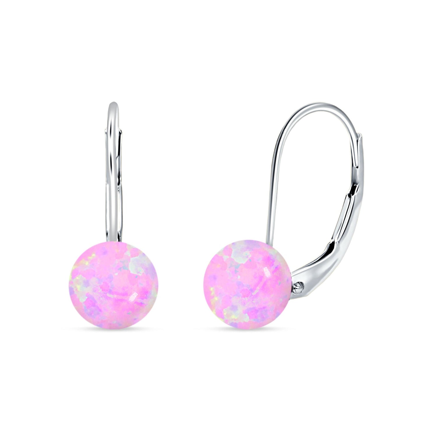 Round Lab Created Pink Opal Leverback Earrings