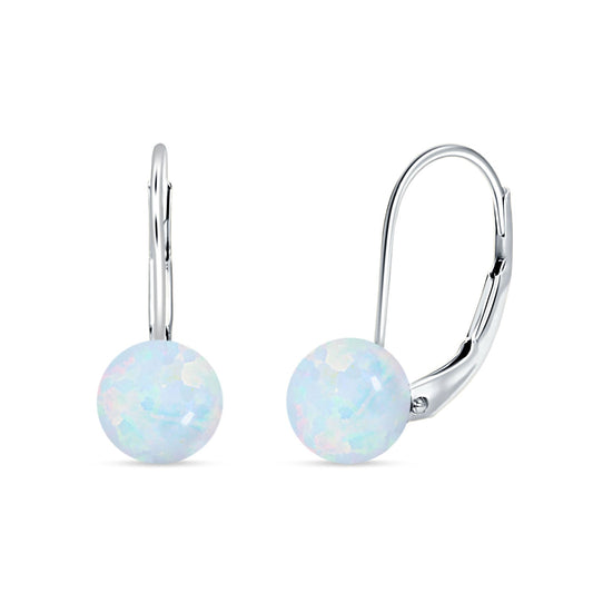 Round Lab Created White Opal Leverback Earrings