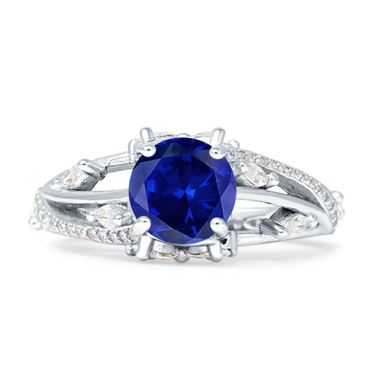 Round Split Shank Blue Sapphire CZ Engagement Ring