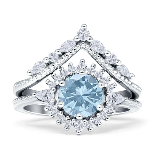 Two Piece Round Halo Bridal Ring Aquamarine CZ