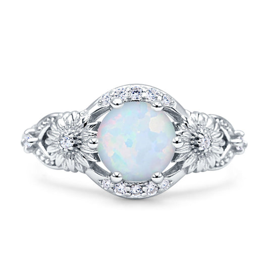Art Deco Ring Sunflower Design Round Lab Created White Opal