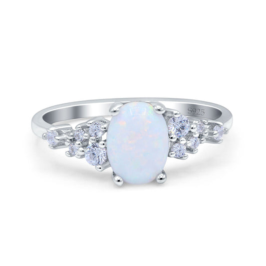 Oval Art Deco Lab Created White Opal Bridal Wedding Engagement Ring