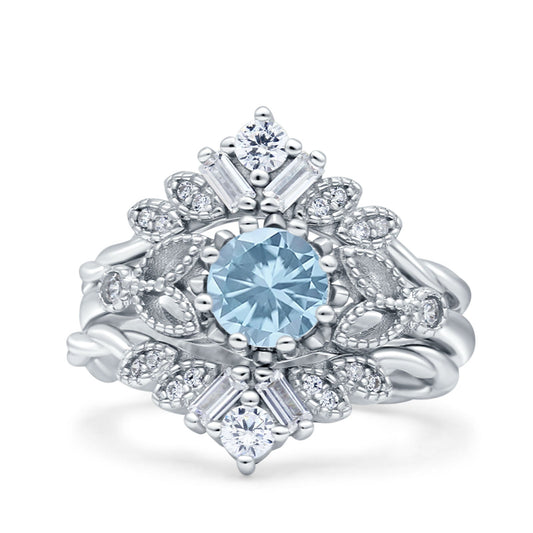 Art Deco Three Piece Wedding Bridal Set Ring Round Simulated Aquamarine CZ