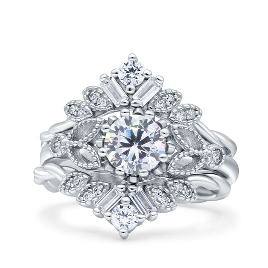 Art Deco Three Piece Wedding Bridal Set Ring Round Simulated Cubic Zirconia