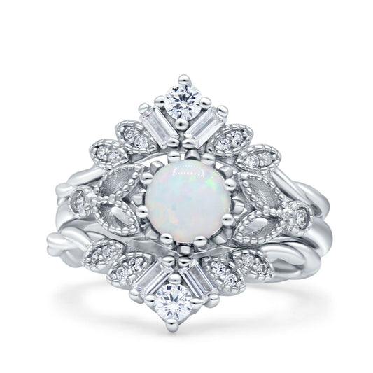 Art Deco Three Piece Wedding Bridal Set Ring Round Lab Created White Opal