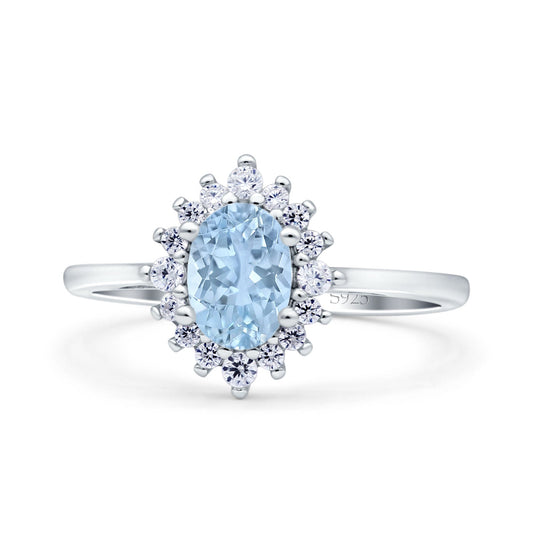 Halo Oval Art Deco Bridal Wedding Ring Simulated Aquamarine CZ