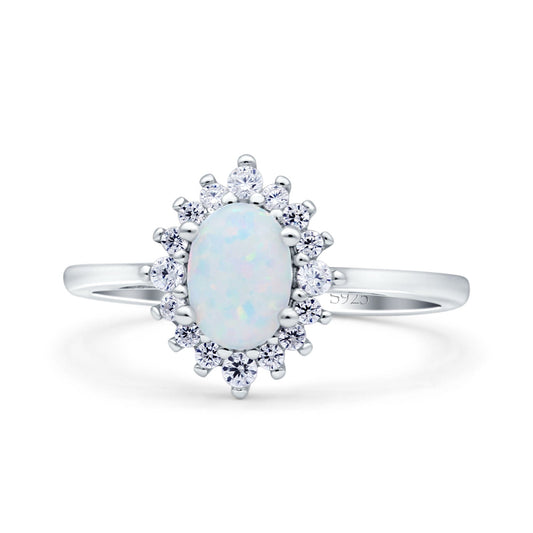 Halo Oval Art Deco Bridal Wedding Ring Lab Created White Opal