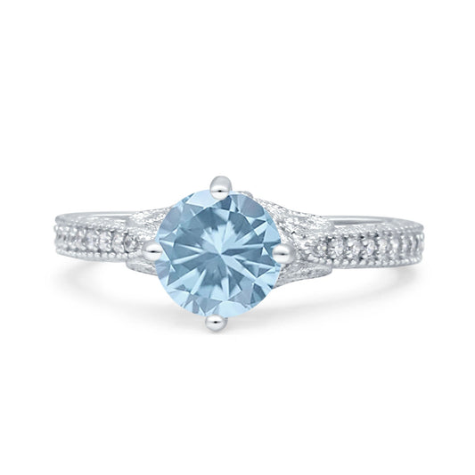 Art Deco Wedding Bridal Ring Round Simulated Aquamarine CZ