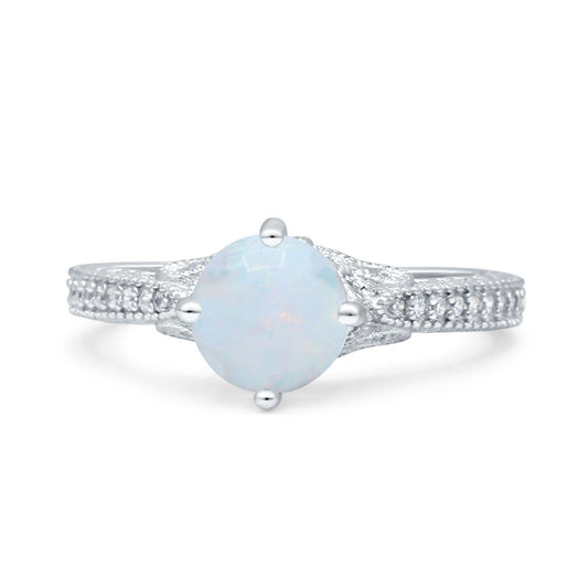 Art Deco Wedding Bridal Ring Round Lab Created White Opal