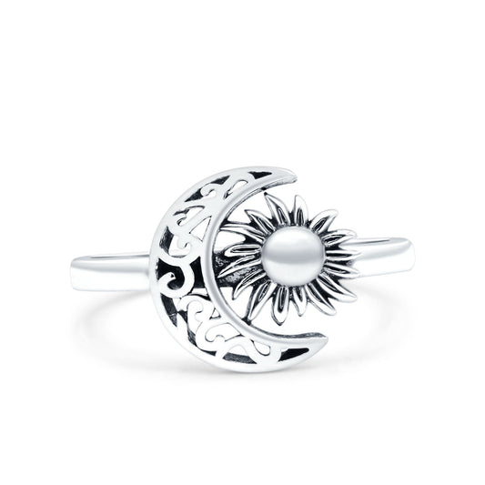 Crescent Moon & Star Oxidized Band Thumb Ring (11mm)