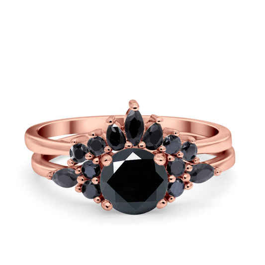 Two Piece Art Deco Black Marquise Round Rose Tone, Simulated Black CZ Wedding Ring