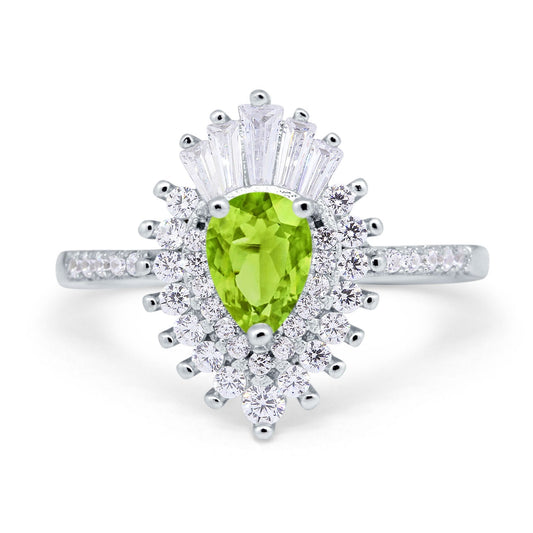 Pear Engagement Ring Baguette Simulated Peridot CZ