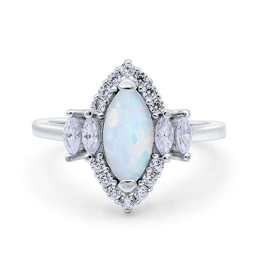 Marquise Vintage Lab Created White Opal Wedding Ring