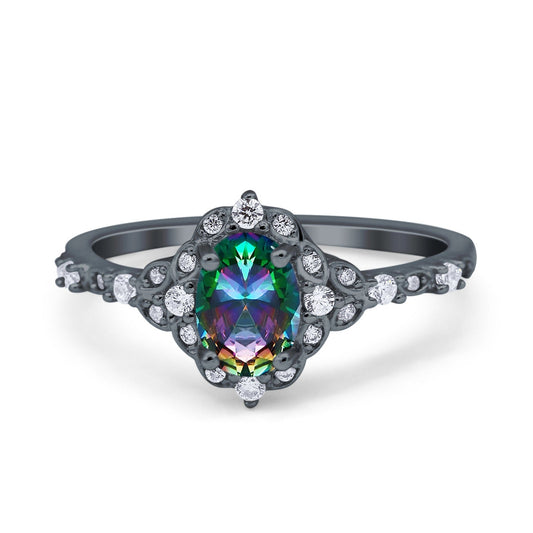 Oval Accent Vintage Black Tone, Simulated Rainbow CZ Engagement Ring