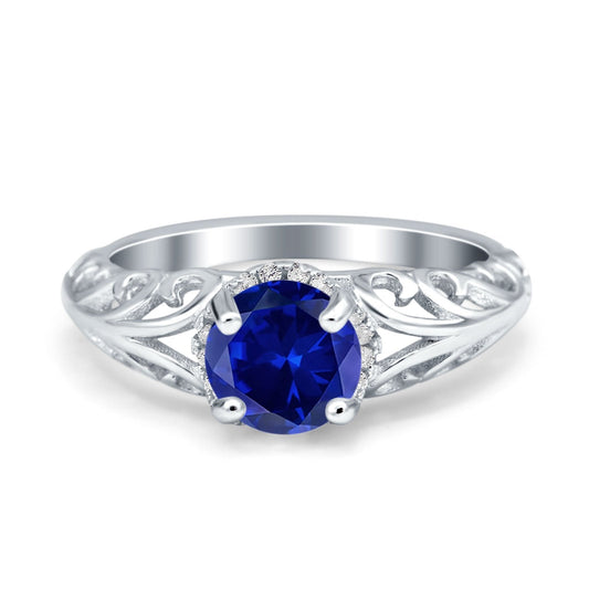 Art Deco Filigree Wedding Engagement Bridal Ring Round Simulated Blue Sapphire CZ