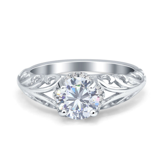 Art Deco Filigree Wedding Engagement Bridal Ring Round Simulated Cubic Zirconia