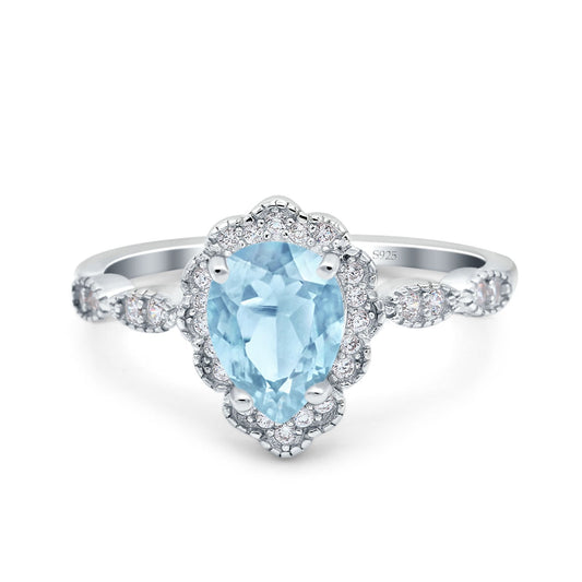 Teardrop Pear Art Deco Wedding Ring Simulated Aquamarine CZ