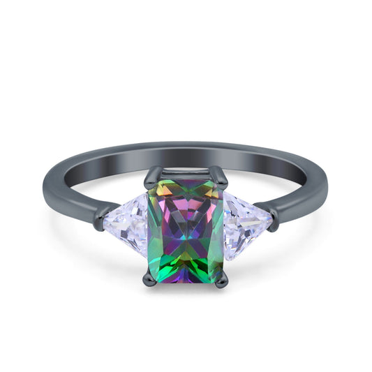 Emerald Cut Art Deco Black Tone, Simulated Rainbow CZ Engagement Ring