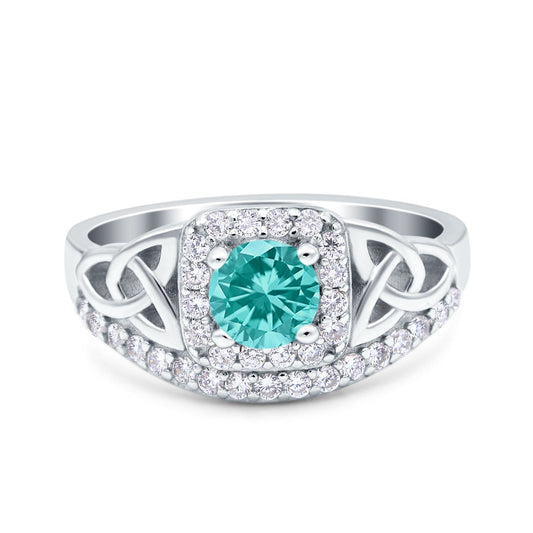 Celtic Art Deco Wedding Ring Round Simulated Paraiba Tourmaline CZ